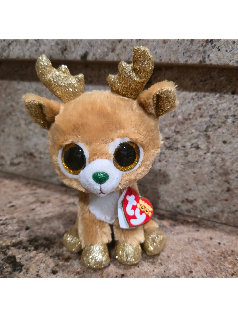 Ty Beanie Boos Glitzy the Reindeer Plush Toy with Glittery Gold Antlers